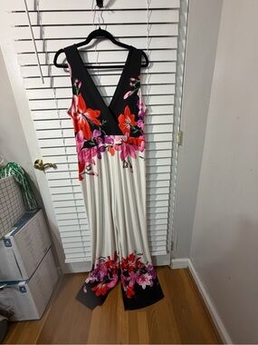 VENUS Floral V-Neck Wide-Leg Jumpsuit in Black, White, Pink & Red